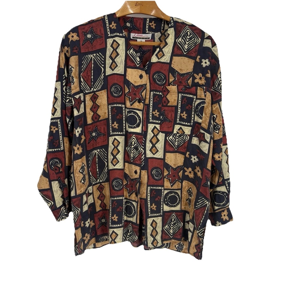 Diana Marco Womens Silk Button Up Tunic Top 20 Colorful Geometric Art To Wear